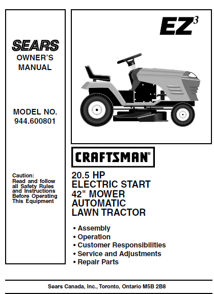 944.600801 Manual for Craftsman 20.5 HP 42" Lawn Tractor
