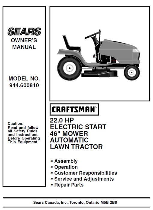 944.600810 Manual for Craftsman 22.0 HP 46 Lawn Tractor DR Mower Parts