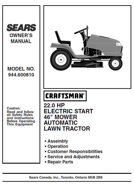 944.600810 Manual for Craftsman 22.0 HP 46" Lawn Tractor