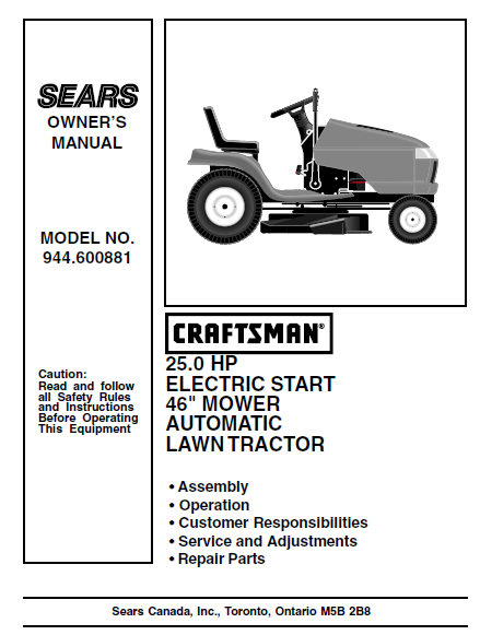 944.600881 Manual for Craftsman 25.0 HP 46" Lawn Tractor