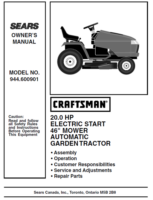 944.600901 Manual for Craftsman 20.0 HP 46" Lawn Tractor