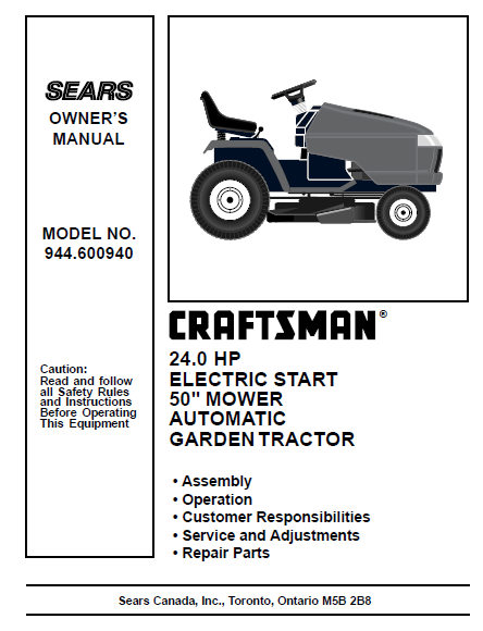 944.600940 Manual for Craftsman 24.0 HP 50" Lawn Tractor