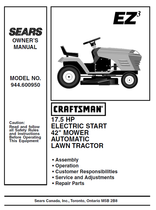 944.600950 Manual for Craftsman 17.5 HP 42 Lawn Tractor DR Mower Parts