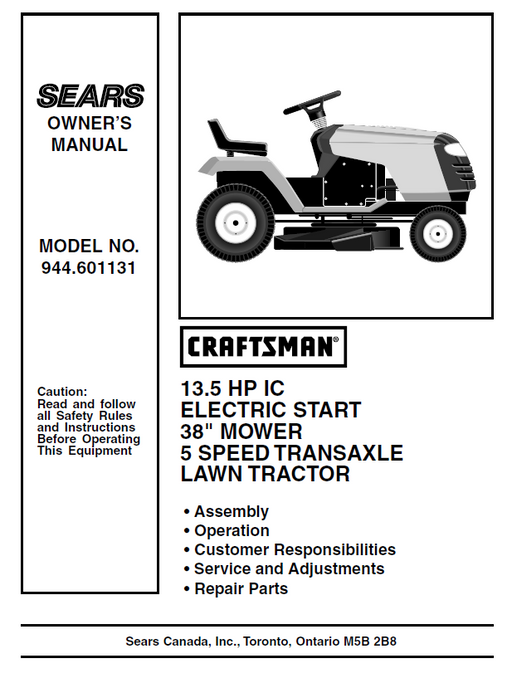 944.601131 Manual for Craftsman 13.5 HP 38" Lawn Tractor