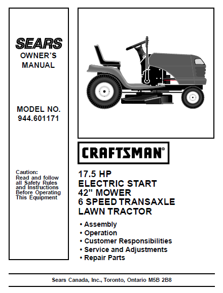 944.601171  42" Craftsman 17.5 HP* Lawn Tractor Owners Manual 