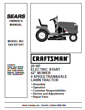 944.601181 Manual for Craftsman 20.0 HP 42 Lawn Tractor DR Mower Parts