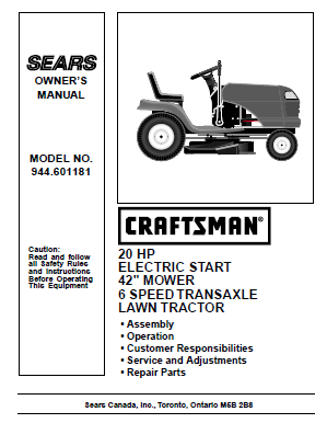 944.601181 Manual for Craftsman 20.0 HP 42" Lawn Tractor