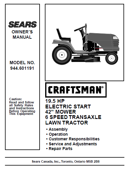 944.601191 Manual for Craftsman 19.5 HP 42" Lawn Tractor