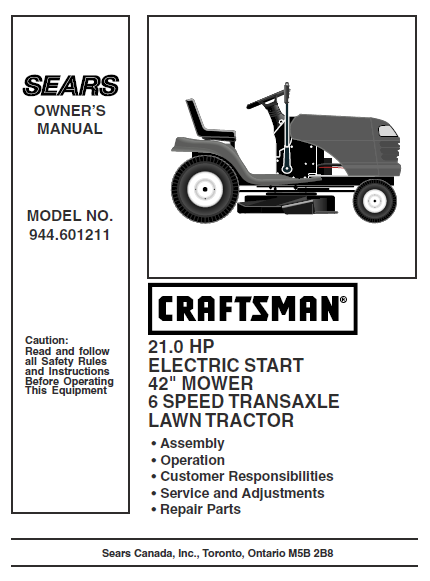 944.601211 Manual for Craftsman 21.0 HP 42" Lawn Tractor