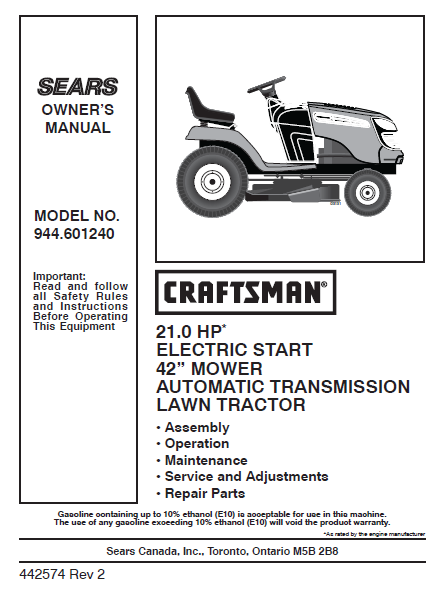 944.601240 Manual for Craftsman 21.0 HP 42" Lawn Tractor