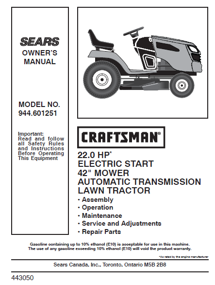 944.601251 Manual for Craftsman 22.0 HP 42" Lawn Tractor