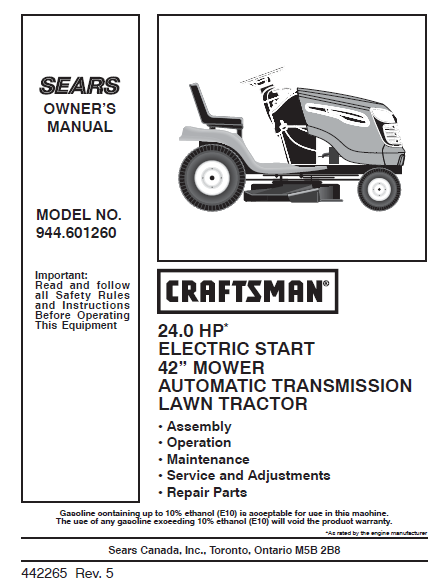 944.601260 Manual for Craftsman 24.0 HP 42" Lawn Tractor