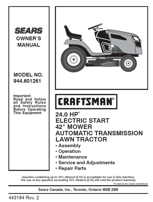 944.601261 Manual for Craftsman 24.0 HP 42" Lawn Tractor