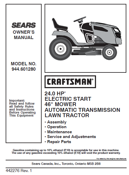 944.601280 Manual for Craftsman 24.0 HP 46 " Lawn Tractor