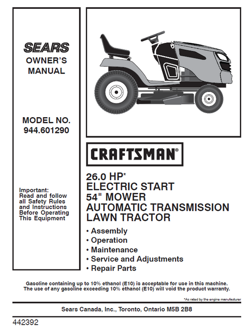 944.601290 Manual for Craftsman 26.0 HP 54" Lawn Tractor