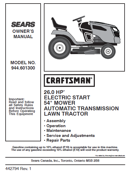 944.601300 Manual for Craftsman 26.0 HP 54 Lawn Tractor DR Mower Parts