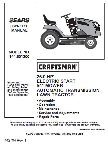 944.601300 Manual for Craftsman 26.0 HP 54" Lawn Tractor