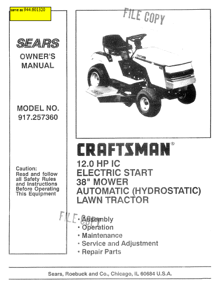 944.601320 Manual for Craftsman 12.0 HP 38" Lawn Tractor