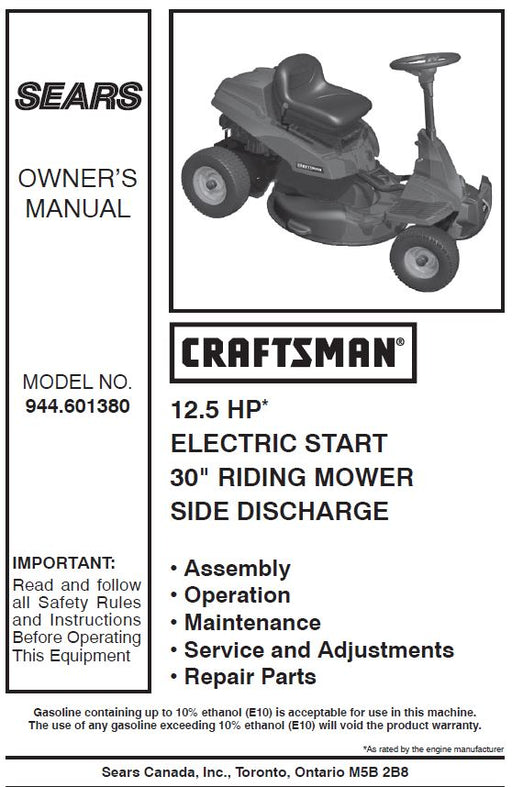 944.601380 Manual for Craftsman 12.5 HP 30" Riding Mower