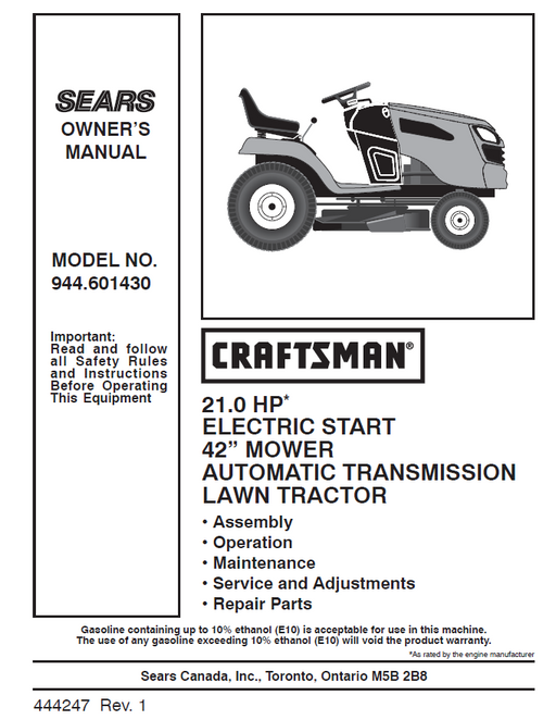 944.601430 Manual for Craftsman 21 HP 42" Lawn Tractor