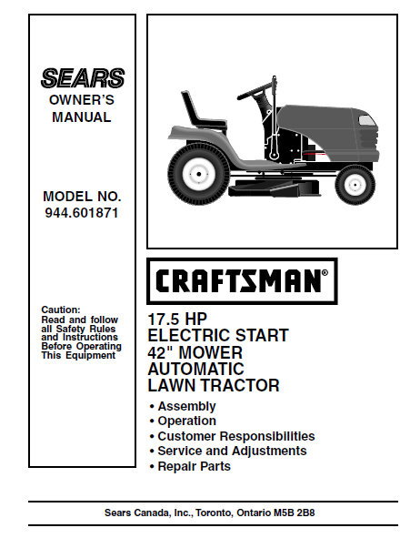 944.601871 Manual for Craftsman 17.5 HP 42" Lawn Tractor