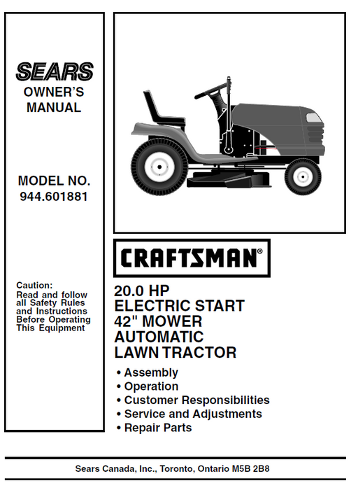 944.601881 Manual for Craftsman 20.0 HP 42 " Lawn Tractor