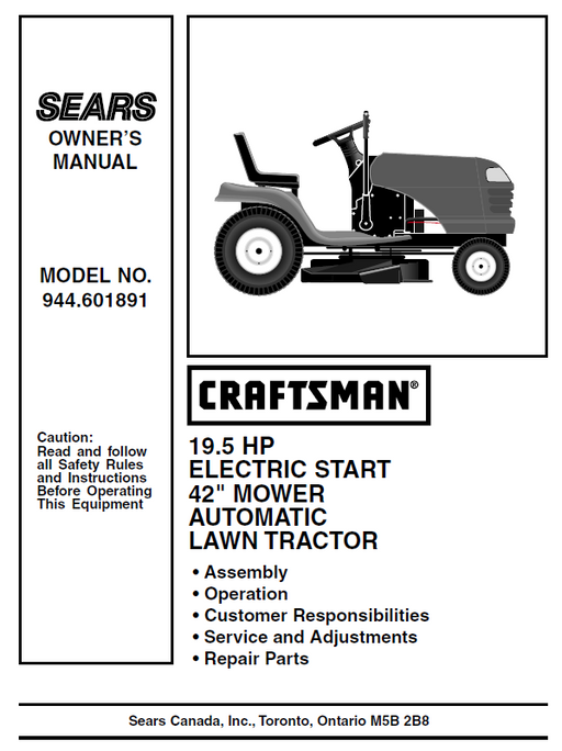 944.601891 Craftsman 42" Lawn Tractor Owners Manual