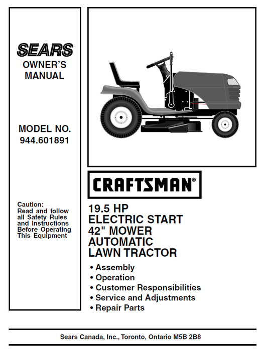 944.601891 Manual for Craftsman 19.5 HP 42" Lawn Tractor