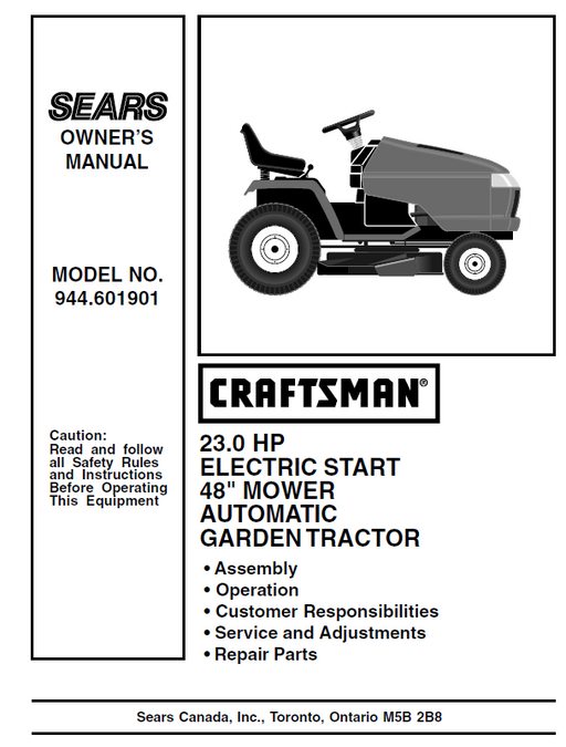 944.601901 Craftsman 48" Lawn Tractor Owners Manual 