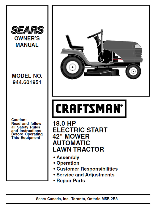 944.601951 Manual for Craftsman 18.0 HP 42" Lawn Tractor