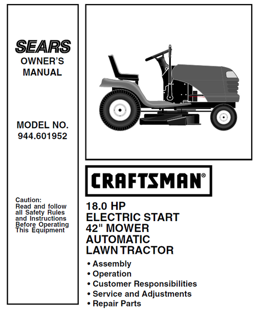 944.601952 Craftsman 42" Lawn Tractor Owners Manual 