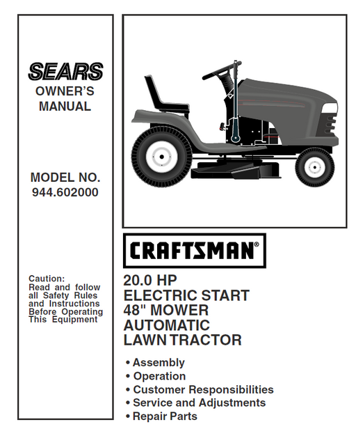 944.602000 Craftsman 48" Lawn Tractor Owners Manual 