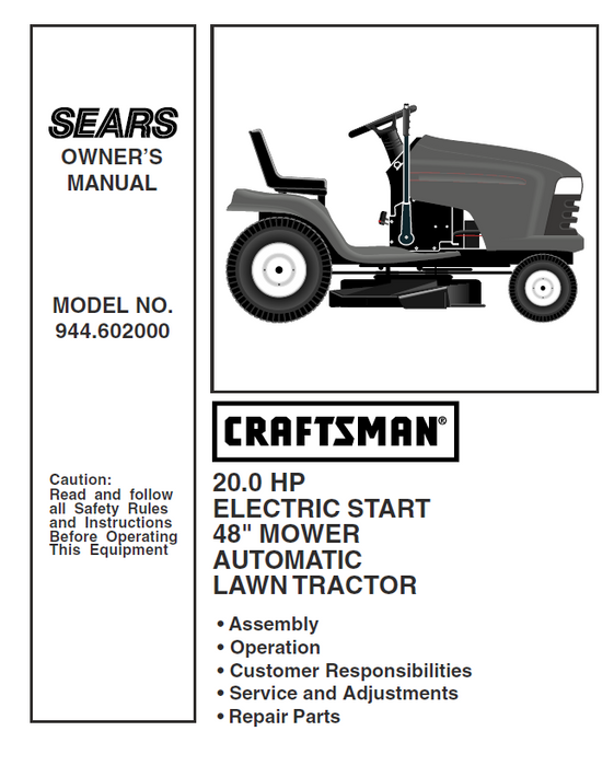 944.602000 Manual for Craftsman 20.0 HP 48" Lawn Tractor