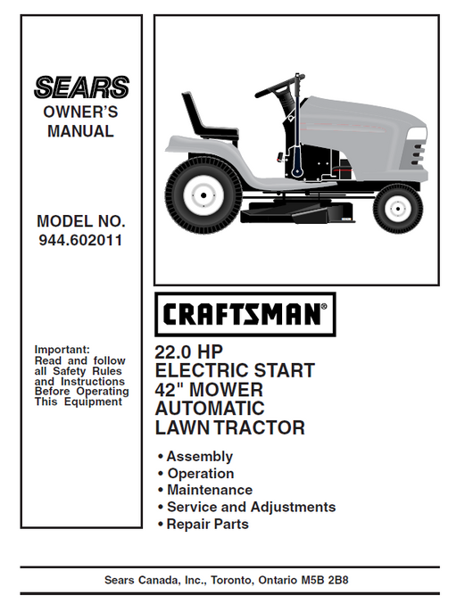 944.602011 Manual for Craftsman 22.0 HP 42" Lawn Tractor