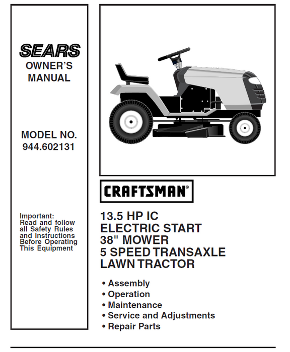 944.602131 Manual for Craftsman 13.5 HP 38 Lawn Tractor DR Mower Parts