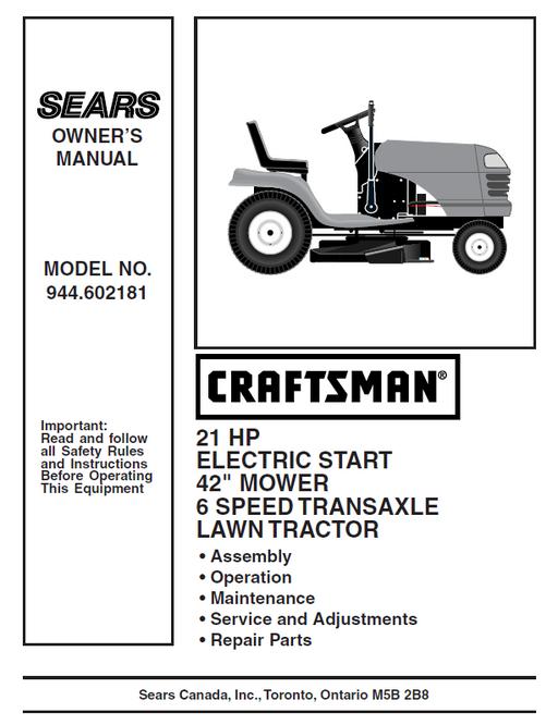 944.602181 Manual for Craftsman 21.0 HP 42 " Lawn Tractor