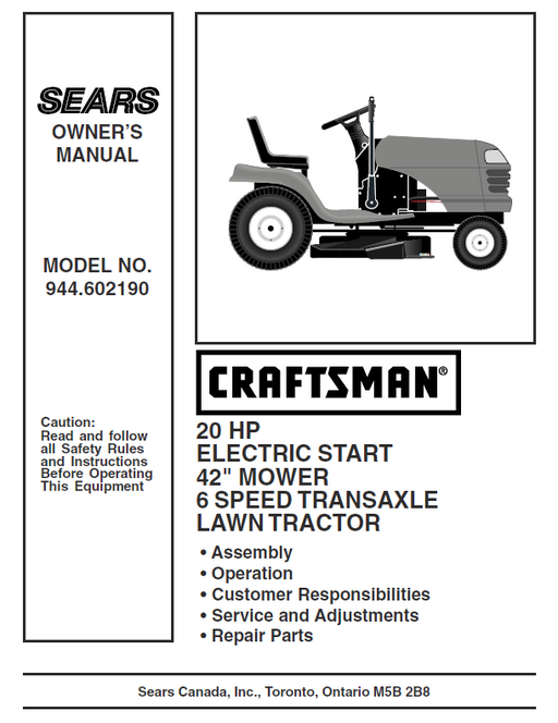 944.602190 Manual for Craftsman 20.0 HP 42" Lawn Tractor