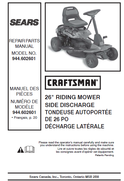 944.602601 Manual for Craftsman 26" Riding Mower