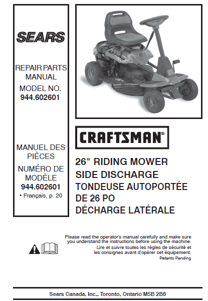 944.602601 Craftsman 26" Riding Mower Parts Manual