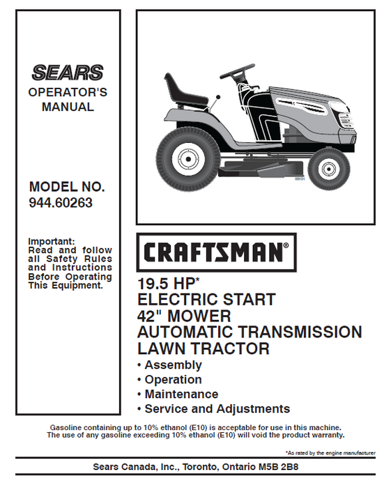 944.60263 Manual for Craftsman 19.5 HP 42 Lawn Tractor DR Mower Parts