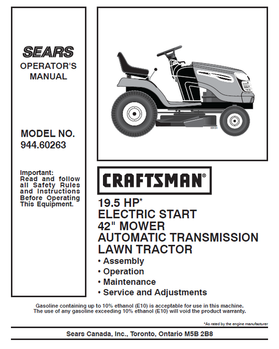 944.60263 Manual for Craftsman 19.5 HP 42" Lawn Tractor