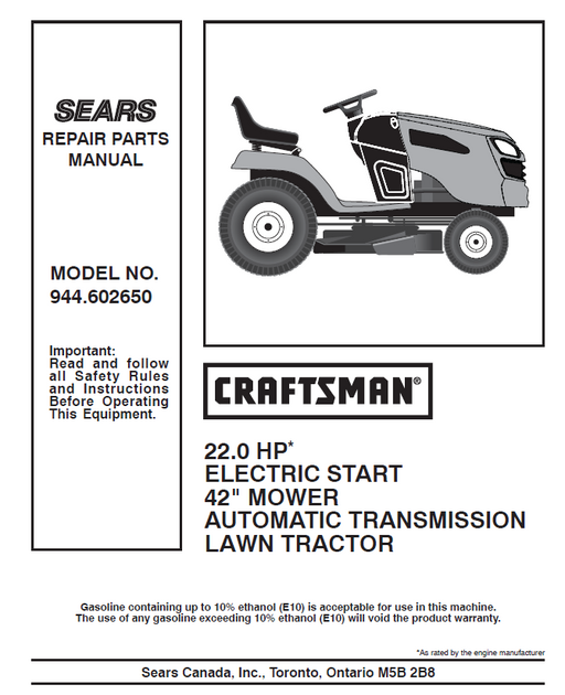 944.602650 Manual for Craftsman 22.0HP  42" Lawn Tractor