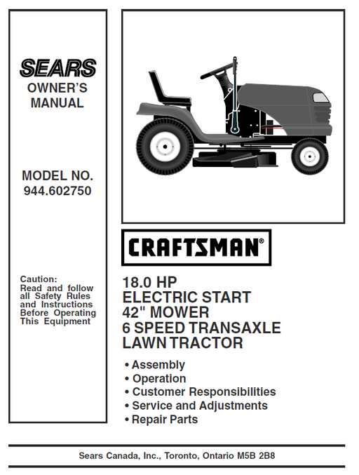 944.602750 Manual for Craftsman 18.0 HP 42" Lawn Tractor