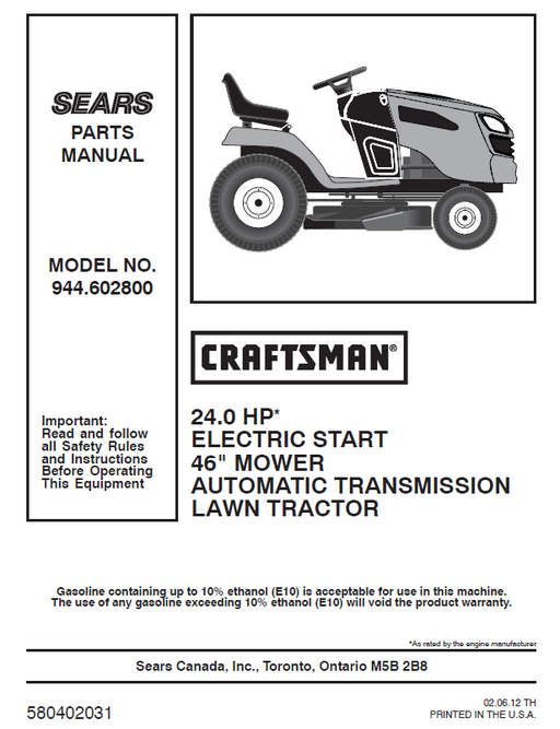 944.602800 Manual for Craftsman 24.0 HP 46" Lawn Tractor
