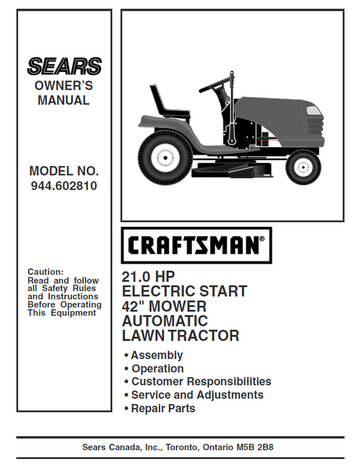 944.602810 Manual for Craftsman 21.0 HP 42" Lawn Tractor