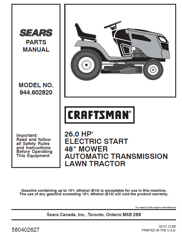 Pyt9000 craftsman best sale mower manual