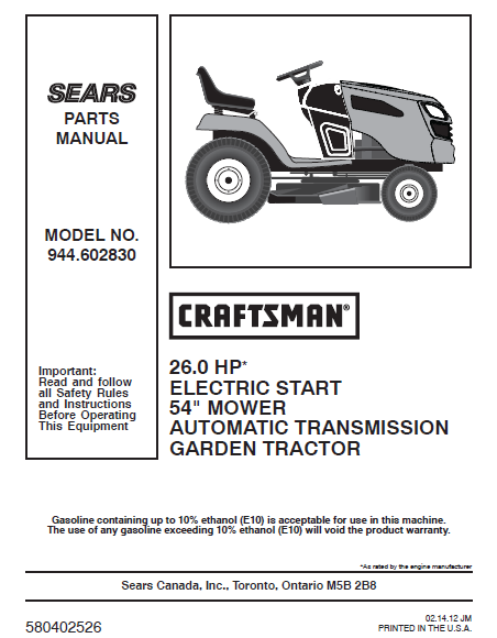 944.602830 Manual for Craftsman 26.0 HP 54