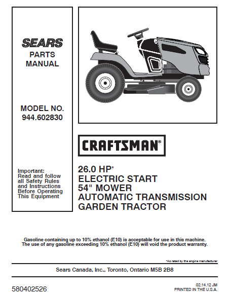 944.602830 Craftsman 54" Lawn Tractor Owners Manual 