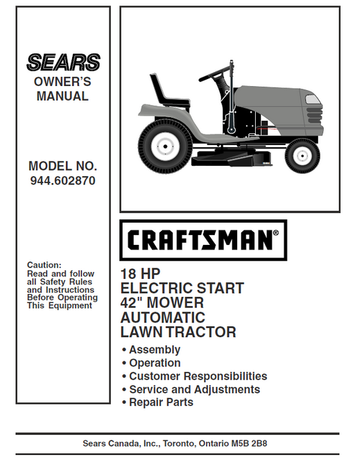 944.602870 Manual for Craftsman 18.0 HP 42" Lawn Tractor