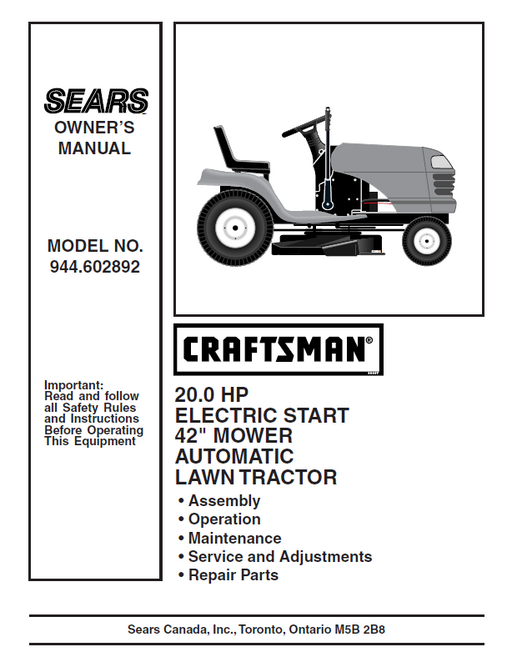 944.602892 Manual for Craftsman 20.0 HP 42“ Lawn Tractor